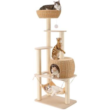 Imagem de Condomínio moderno de rattan, casa de árvore, para gatos, alta e resistente, com poste para arranhar, cesta, cama e suporte para gatos grandes e internos