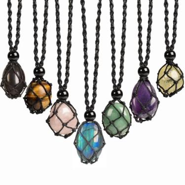 Imagem de LERSUSI Pingente de colar ajustável de corda de cristal natural não processado à mão para homens e mulheres, 30 in -76.2 in, Pedra, Labradorita Labradorita Fluorita verde