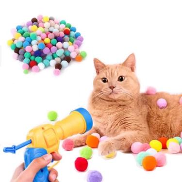 Imagem de 3MNSCD Conjunto de 50 peças de lançador de bolas de brinquedo para gatos, divertido, colorido, brinquedos de pelúcia, bolas de pompom, tiro interativo para gatos em ambientes internos, enriquecedor