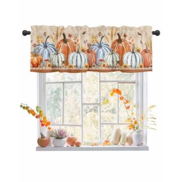 Imagem de Cortinas de outono com estampa de abóbora, abóbora, dia de Ação de Graças, cortinas de cozinha, girassol, folhas de outono, decoração de janela, para sala de estar, quarto, 1 painel 106 x 30 cm