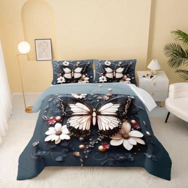 Imagem de QOOMO Jogo de cama solteiro com estampa de flores fofas de borboleta, tamanho solteiro, para decoração de quarto de meninos, meninas e adolescentes, macio e leve para todas as estações, 1 edredom e 2