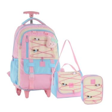 Imagem de Kit Mochila Carrinho Com Pins Removíveis E Bichinho Acompanhante Escolar Juvenil Com Lancheira Térmica Estojo Box (Rosa)
