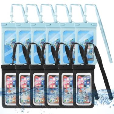 Imagem de LOLYSIC [Até 18,3 cm] Pacote com 12 bolsas universais à prova d'água, capa impermeável IPX8, bolsa seca com alça de pescoço para jogos aquáticos, proteção de telefone, 2 cores preta