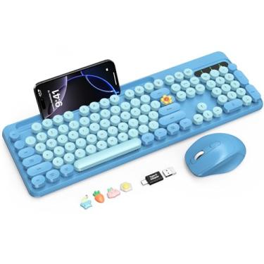 Imagem de Combo de teclado e mouse sem fio, teclas redondas retrô, teclado de máquina de escrever elegante de tamanho completo com suporte para telefone/tablet, conexão de 2,4 GHz para Mac/Windows/PC (azul)
