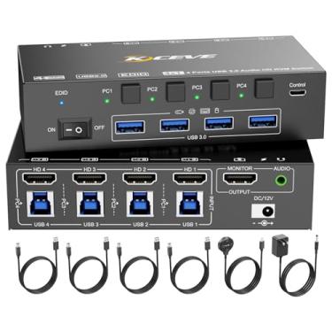 Imagem de 8K HDMI KVM Switch 4 Computadores 8K@60Hz 4K@144Hz Simulação EDID, 4 Portas USB 3.0 Switch KVM para 4 PC que Compartilham 1 Monitor e 4 Portas USB 3.0, com Controlador de Desktop e Cabos KVM