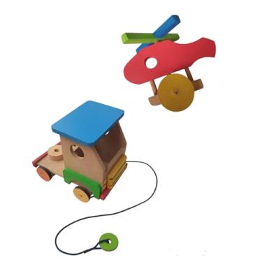 Imagem de Kit Caminhãozinho E Helicóptero De Madeira Mdf Infantil Pedagógico