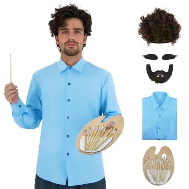 Imagem de Gvnphal Conjunto de fantasia de pintor dos anos 80, camisa azul, marrom, peruca afro e kit de pintura para pintura de Halloween, artista, cosplay, Azul, P