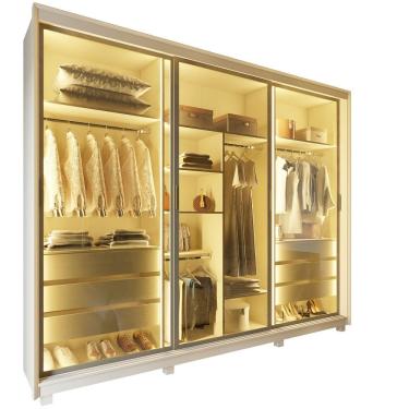 Imagem de Guarda Roupa Roupeiro de Casal Gelius Platinum 100% MDF com 3 portas reflecta de correr LED e pés OFF White