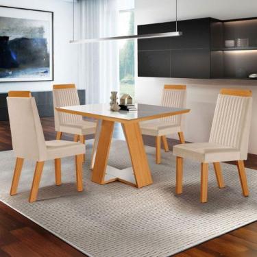 Imagem de Mesa de Jantar 4 Lugares Viena com Vidro Castanho Cinamomo/Suede Creme