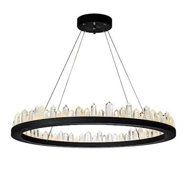 Imagem de Lustre de cristal redondo com três temperaturas de cor, luminária pendente criativa de teto LED iceberg redonda para sala de jantar, sala de estar, cozinha, ilha, quarto (cor: preto, tamanho