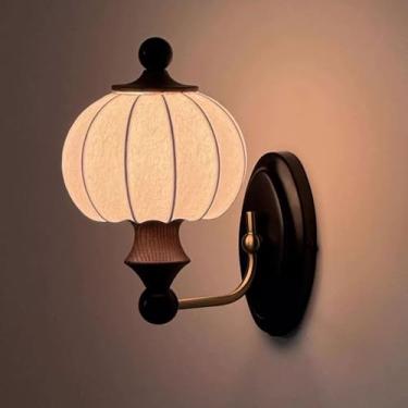 Imagem de Luminária de parede de madeira retrô, elegante, decoração para casa, Wabi Sabi, com tecido de seda de imitação, abajur de parede de madeira maciça estilo japonês, abajur de abóbora branca E2