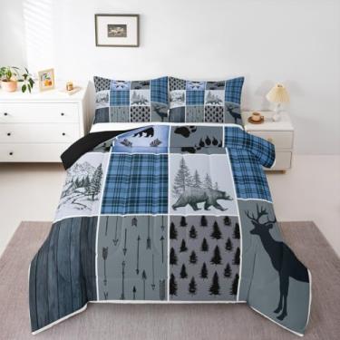 Imagem de Erosebridal Conjunto de Edredom Rústico de Fazenda, Edredom Retrô de Cabana, Conjunto de Cama de Urso e Veado para Crianças, Adolescentes e Adultos, Homens, Colcha Xadrez de Caça d (Gêmeo, Multi 05)