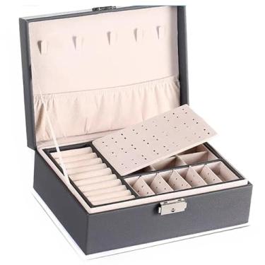 Imagem de Porta Joias Feminino Modelo - Caixa Organizadora Em Couro Com 2 Camadas E DivisóRias Para AnéIs, Colares E AcessóRios - Design Elegante(Cinza/CX2020)