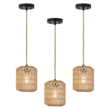 Imagem de ALAISLYC Boho Luzes Pendentes Cozinha Ilha Rattan Lâmpada Pendurada com Vime Tecido à Mão Pequeno Lustre Luminária Pendurada para Quarto Cozinha Corredor Foyer 3 Pacotes