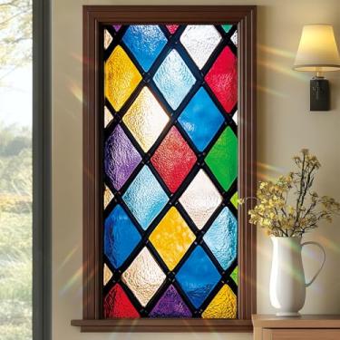 Imagem de SHENGYUMY Película de vitral de diamante colorido 17,7 x 39,3 polegadas vintage mosaico adesivo de privacidade para janela de privacidade sem cola, painel decorativo arco-íris, proteção UV para porta