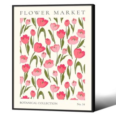 Imagem de Arte de parede floral de tulipa rosa boho planta pôster botânico feminino impressões em tela 30,5 x 40,6 cm preto emoldurado mercado de flores decoração de parede coleção botânica