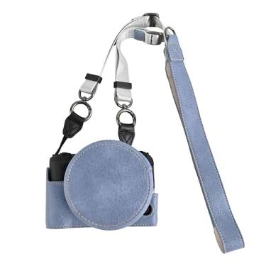 Imagem de Capa R50 V, capa de couro PU feita à mão BMAOLLONGB para meia câmera versão com abertura inferior para Canon Eos R50 V R50V com alça de pescoço para lente (azul)