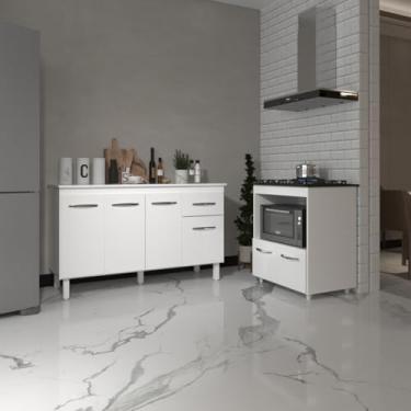 Imagem de Mobília Decor, Armário Gabinete Camila 138 cm com Tampo Tampão e Balcão Evelyn Para cooktop 5 Bocas Branco