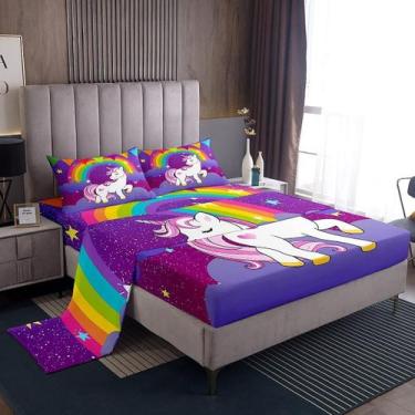 Imagem de Lençóis de cama Erosebridal Unicorn King Size com lençol com elástico