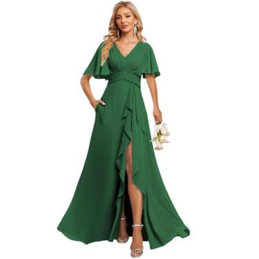 Imagem de Vestido de dama de honra Deamify verde escuro com decote em V 2025