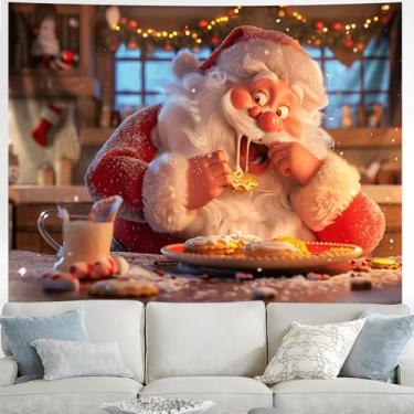 Imagem de Tapeçaria de Feliz Natal, decoração de parede, decoração de Natal, tapeçaria para quarto, sala de estar, decoração de festa, banners, fundo de placa de quintal (Papai Noel-7, 199 cm C x 143 cm, sem