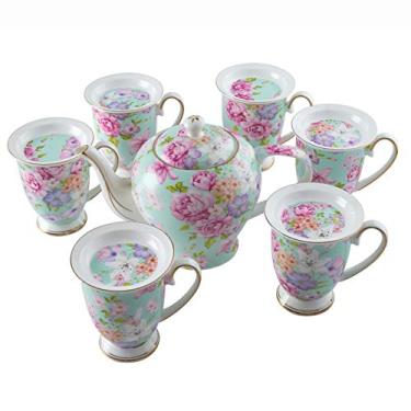 Imagem de Conjunto de chá Bone China Cups Bule rosa com 6 xícaras de chá canecas de café de grande capacidade para chá da tarde e café, azul (azul) (rosa) (tampa verde)
