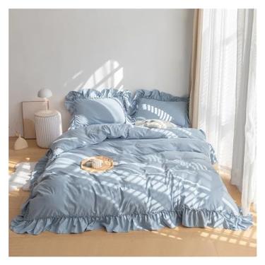 Imagem de Jogo de cama queen de renda fofo com babados, lençol de casal com fronha (king azul)