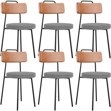 Imagem de Kit 06 Cadeiras Decorativas Estofada Sala Jantar Barcelona L02 Couríssimo Camel Pied Poule - Lyam