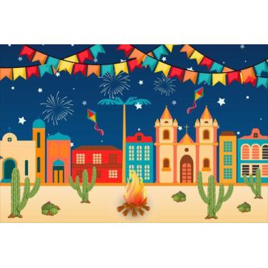 Imagem de Painel de Lona Festa Junina Arraiá Cidade Fogueira Bandeirinhas Cactos