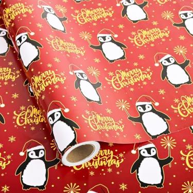 Imagem de Dtiafu Pinguim Rolo de papel de embrulho de Natal para meninos, crianças, meninas, fofo, pinguim, vermelho, chapéu de Natal, embrulho de presente de Natal para celebração de festa de inverno - Total