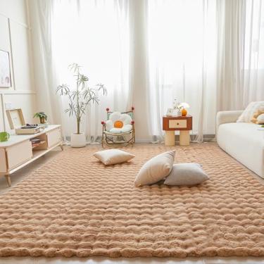 Imagem de Tapete de pelúcia de coelho de café para quarto de sala de estar, sofá, 2,5 m x 25,4 m de pele sintética felpudo retangular quadrado para quarto de crianças e adolescentes, tapete peludo para