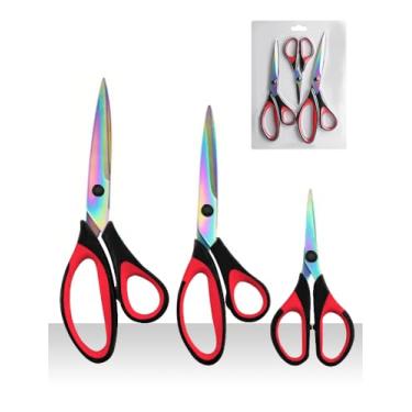Imagem de Pacote com 3 tesouras multifuncionais profissionais de 24 cm, ótimas para adultos, escritório, costura, escola e material doméstico, vermelho e preto
