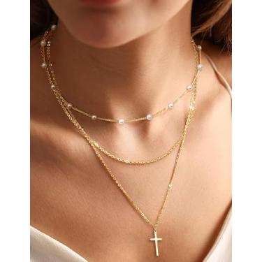 Imagem de Colar feminino banhado a ouro 14 quilates com 3 peças, colar de gargantilha de ouro, disco de zircônia cúbica, coração, cruz, moeda, pérola, contas, joias, joias de ouro para mulheres, 13.8-16.9inches