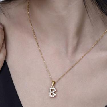 Imagem de Colar com pingente de cristal banhado a ouro 18 K - joia com monograma de strass para presentes personalizados e uso diário, F, Aço inoxidável, Sem Pedra Preciosa