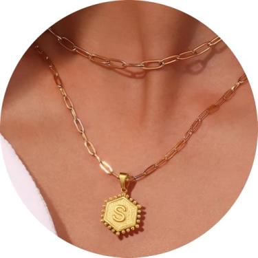 Imagem de Colar feminino com inicial em camadas, aço inoxidável banhado a ouro 18K, pingente de clipe de papel duplo A a Z, conjunto de duas correntes destacáveis, 16.5in/ 14+2in, Aço inoxidável, Sem Pedra
