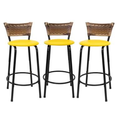 Imagem de Kit com 3 Banquetas 60cm Estrutura Preta Encosto Cappuccino Ideal Para Balcão Ilha Bancada Área de Lazer Cozinha Gourmet Bar Lanchonete Piscina (Assento Amarelo)