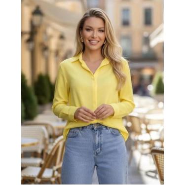 Imagem de Camisa Social Lisa Feminina Manga Longa De Botão Sem Bolso Fresca Leve