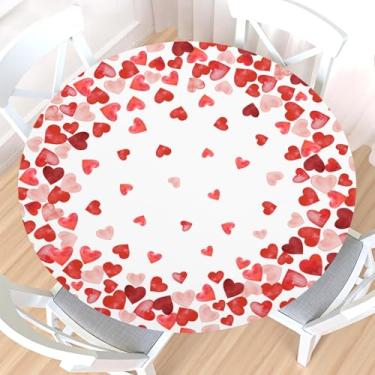 Imagem de Czeservior Toalha de mesa redonda Valenitine's Day com borda elástica, resistente à água, vermelho, rosa, corações de amor, toalha de mesa para mesas de 101 a 111 cm, toalha de mesa rústica romântica