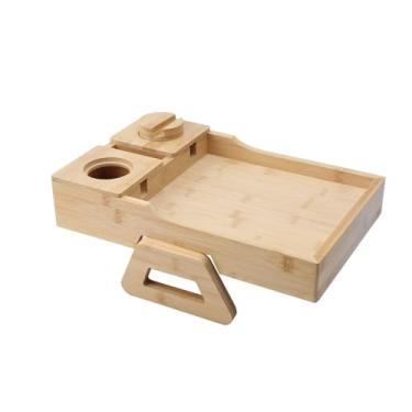 Imagem de Yuehuam Bandeja de suporte de copo de sofá, bandeja de madeira 3 em 1 com clipe de braço para sofá, bandeja de apoio de braço com suporte de telefone no apoio de braço, bandeja para copo de bebidas,