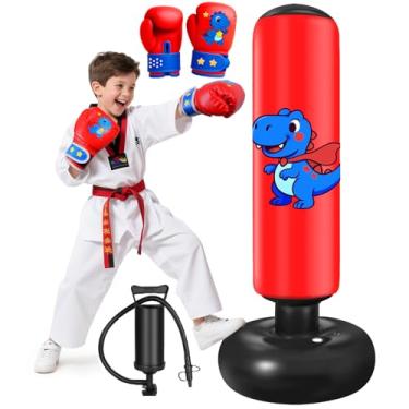 Imagem de Saco de pancadas inflável para crianças: Qoosea Sacos de pancadas infantis de 122 cm com luvas de boxe e ar, presente de design de dinossauro azul bomba para crianças de 3 a 10 anos, fácil de inflar