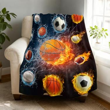 Imagem de Cobertor de lã de basquete Water Fire 127 x 152 cm para sofá cama, cobertor de flanela de microfibra super macio e aconchegante leve para mulheres, homens e crianças