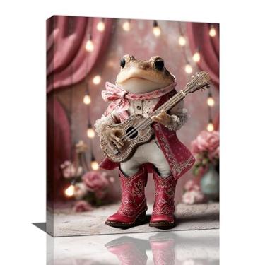 Imagem de Arte de parede rústica sapo guitarra no palco música folclórica country decoração de parede festival de música pinturas impressões engraçadas rosa animal arte emoldurado instrumentos musicais