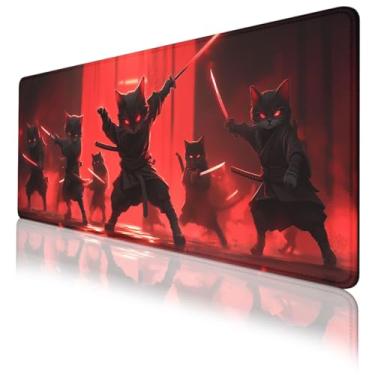 Imagem de LWDYJD Mouse pad de anime japonês, vermelho engraçado gato legal Ninja Samurai mouse estendido bordas costuradas à prova d'água base de borracha antiderrapante tapete de teclado de computador 80 x 30