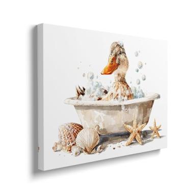 Imagem de Arte de parede em tela de banheiro pato engraçado animal pato na banheira pintura arte moderna para banheiro lavanderia banheiro banheiro decoração de parede emoldurada 30,5 x 40,6 cm
