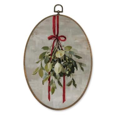 Imagem de KVEKVE Enfeites de Natal vintage emoldurados arte de parede oval, decoração divertida única visco, cenários rústicos pendurados em tela, decorações para casa, quarto, sala de estar, aniversário, 21,8