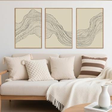 Imagem de SIWECUS Arte de parede grande em linha ondulada preta e marrom, estampa geométrica bege moderna em tela emoldurada conjunto de 3, pintura de arte geométrica abstrata, decoração minimalista para sala