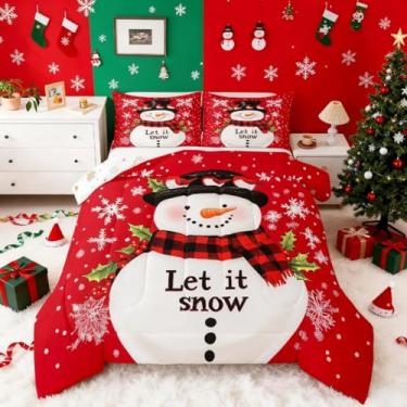 Imagem de Feelyou Conjunto de edredom de casal vermelho Feliz Natal, boneco de neve, para crianças, meninos, meninas, floco de neve, decoração de quarto, microfibra, 2 peças com 1 fronha