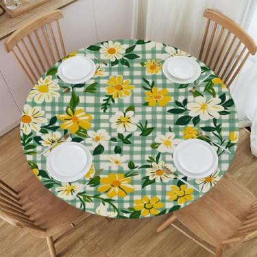 Imagem de YGPARK Toalha de mesa redonda xadrez de flores minúsculas com borda elástica impermeável toalha de mesa limpa para jantar ao ar livre, serve para mesas circulares de até 101 cm a 111 cm de diâmetro