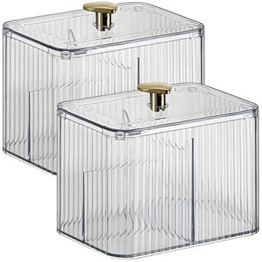 Imagem de LUMINFLY Pacote com 2 unidades retangulares transparentes e armazenamento de bolas de algodão, organizador de banheiro com elegante puxador dourado