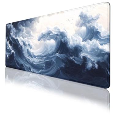 Imagem de Waves Gaming Mouse Pad, Abstrato Azul Branco Mar Oceano Nuvens Tempestosas Mouse Mouse Estendido À Prova D'água Bordas Costuradas Base de Borracha Antiderrapante Deskmap Tapete de Teclado de